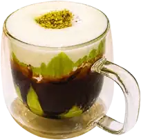Mocha Emerald — pistachio cream layered over mocha in a clear glass.