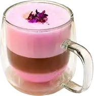 Rose Silk Latte — a layered rose latte finished with dried rose petals.