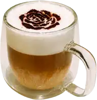 Spanish Latte in a double-walled glass with a chocolate rose drawn in the foam.